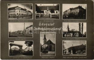 1940 Székelykeresztúr, Kristur, Cristuru Secuiesc; Unitárius főgimnázium, Országzászló, M. kir. állami tanítóképző, Kossuth Lajos tér, Római katolikus templom, Gazdasági iskola székelykapuja, Református templom, Petőfi utolsó földi hajléka (Gyárfás kúria) / Unitarian grammar school, Hungarian flag, teachers&#039; training institute, square, Catholic church, economic school with wood carved gate, Calvinist church, castle. Nagy photo (EK)