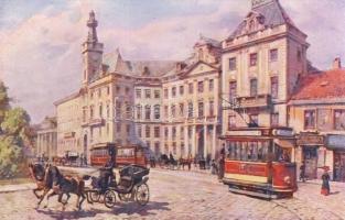 Warsaw town hall with trams