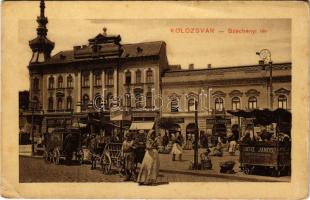 Kolozsvár, Cluj; Széchenyi tér, piac, Singer és Társa, Vlad János, Gergely János, Wertheimer üzlete, Batiz János szódavíz. Ludasi kiadása / square, market, shops (fa)