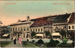 Kolozsvár, Cluj; Mátyás király tér, Csap József, Lepage Lajos, Ribner és Társa, Szabó Győző, Stief, Ludasi Tőzsde üzlete és saját kiadása / square, shops (EB)