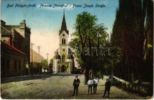 1916 Pöstyén, Pistyan, Piestany; Ferenc József út, zsinagóga, templom. Donáth Lipót kiadása / Franz Josef-Straße / street view, synagogue, church (kopott sarkak / worn corners)