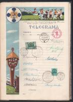 1940 A kolozsvári m. kir. szervező postaigazgatóság II/4 számú biztosi csoportja által készített, kb 20 dísztáviratból álló emlékfüzet, mely tartalmazza a visszafoglalt postahivatalok használatos román és VISSZATÉRT bélyegzéseit, a csoport tagjainak és egyes postamesterek aláírásaival. Rendkívül ritka, talán csak néhány példányban készült összeállítás, értékes posta történeti dokumentum!! Minden oldal fotózva van!! / Souvenir booklet prepared by the organising group of the North Transylvania postal service, signed by group members and postmasters, with Romanian, Hungarian and VISSZATÉRT postmarks.