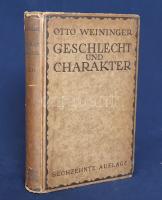 Weininger, Otto:  Geschlecht und Charakter. Eine prinzipielle Untersuchung. Mit einem Bildnisse des Verfassers. [Bécs-Lipcse] Wien und Leipzig, 1917. Wilhelm Braumüller Verlagsbuchhandlung (Druck von Friedrich Jasper in Wien). 1 t. (hártyapapírral védett címképen a szerző portréja) + XXII + [2] + 608 p. Otto Weininger (1880-1903) bécsi filozófus. A jómódú zsidó műkereskedő családba született, számos nyelven beszélő filozófus fő műve először 1903-ban jelent meg. A Geschlecht und Charakter (Nem és jellem) című írás saját doktori disszertációjának kibővített változata, a munka iránt pedig a szerző szenzációszámba menő körülmények között elkövetett, korai öngyilkossága miatt hatalmas érdeklődés mutatkozott: a szerző temetésén sokak között szintén részt vevő Ludwig Wittgenstein bécsi filozófus meghatározó olvasmányaként hivatkozik a ,,Geschlecht und Charakter&quot;-re. Otto Weininger munkája a fogalmak tisztázása szándékénak kinyilvánításával kezdődik, érvelése szerint ugyanis véglegesen elnőiedesett kora a hamis fogalmak használata miatt hamis látszatok között él. A fogalmak és karakterjegyek elkülönítése érdekében Weininger két lelki ideáltípust különít el, a logikus, morális és produktív férfit és a szexualitásban élő, amorális, reproduktív nőt; állítása szerint biológiai és más okokból a karaktertípusok minden egyedben keverednek: az abszolút férfi és abszolút nő karakterfogalmai voltaképpen a tisztánlátás érdekében felállítandó skála végpontjai. Hasonlóan negatív véleményt fogalmaz meg a zsidóságról, melyet nem köt néphez vagy felekezethez, hanem egyfajta lelki típusként határozza meg, olyan beállítódásként, amely végképpen elszakad a magasabb elvektől. Fontos kiemelni, hogy Weininger munkájában a nő és a zsidó kategóriája nem fajelméleti célokat használ, nem az individuumok elítélését, hanem olyan lelki beállítódásokat, amelyek tömeges jelentkezése látszatkultúrához vezet, olyasfajta kultúrához, amely a bécsi századfordulón meghatározónak tűnt, és amelyet a szerző keresetlen szavakkal egyenesen koitusz-kultúrának nevez. Weininger művének egyes szakaszait a náci fajelmélet később - eredeti közegéből kiragadva - előszeretettel használta fel. Példányunk a mű tizenhatodik kiadásból való. Feliratozott, vaknyomásos kiadói kartonkötésben. Jó példány.