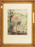 Udvary Pál (1900-1987): Budafoki részlet, 1940. Akvarell, pasztell, papír, jelezve balra lent. Dekor...