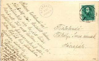 1933 Fegyvernek, Római katolikus templom, posta és személykocsi autó. Markóczy photo (kis szakadások...