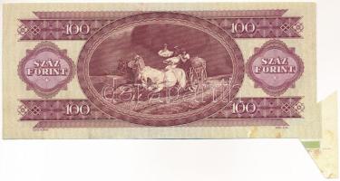1984. 100Ft "B 959 014456" vágáshibás bankjegy, látványos anyagtöbblettel a bal alsó sarok...