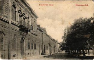 1914 Rimaszombat, Rimavská Sobota; Erzsébet tér, Osztrák-Magyar Bank Mellékhelye, takarékpénztár. Ifj. Rábely Miklós kiadása / square, savings bank (ázott / wet corner)