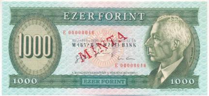 1996. 1000Ft "E 00000046" sorszámmal, piros "MINTA" felülnyomással és perforációval T:UNC / Hungary 1996. 1000 Forint with "E 00000046" serial number and with red "MINTA" (SPECIMEN) overprint and perforation C:UNC Adamo F48M