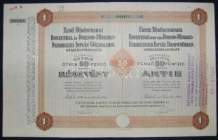 1936. "Első Békéscsabai Rosenthal és Borsod-Miskolc-Debreceni István Gőzmalmok Részvénytársaság" részvénye 50P-ről, német és magyar nyelven, szelvényekkel