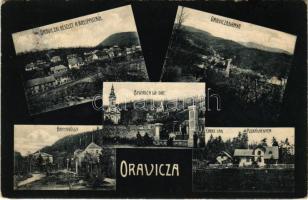 Oravicabánya, Oravica, Oravicza, Oravita; részlet a Kneipp útról, Erdei lak, Bányavölgy, Puskáshegy, Görögkeleti templom. Weisz Félix kiadása / forest villa, mine valley, mountain, Greek Orthodox church (ragasztónyom / glue marks)