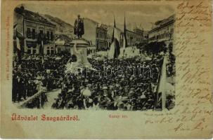 1899 (Vorläufer) Szekszárd, Szegzárd; Garay tér, Garay János szobor felavatási ünnepsége 1898-ban, magyar zászlók, tömeg. Weltman Ignác kiadása (vágott / cut)