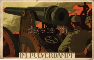 1916 Im Pulverdampf / WWI German military art postcard, artillery. litho (EK)