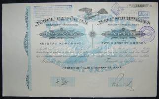 1917. "Turul Czipőgyár Részvénytársaság, Temesvár" részvénye 200K-ról, német és magyar nyelven, szelvényekkel