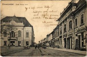 1915 Rimaszombat, Rimavská Sobota; Deák Ferenc utca, Hungária szálloda, étterem és kávéház, Fridmann Zsigmond, Altmann Sámuel üzlete, cukrászda. Ifj. Rábely Miklós kiadása / street view, hotel, restaurant and café, shops, confectionery (fl)