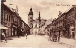 1915 Kassa, Kosice; Deák Ferenc utca, Brück Tóbiás angol úri szabó, Radó Béláné üzlete. Vasúti levelezőlapárusítás 1584. / street, shops