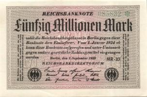 Német Birodalom / Weimari Köztársaság 1923. 50.000.000M (3x) variáns fehér papíron, "Hakenstern...