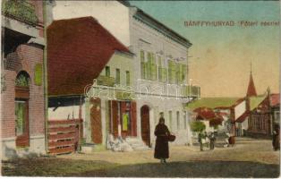 Bánffyhunyad, Huedin; Fő tér, Goldstein Bernát bádogos, Diamantstein Nándor üzlete / main square, shops (EK)