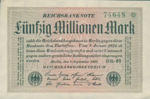 Német Birodalom / Weimari Köztársaság 1923. 50.000.000M (2x) variáns fehér papíron, Hakensterne vízjellel; ötjegyű, egymás utáni sorszámokkal T:I-