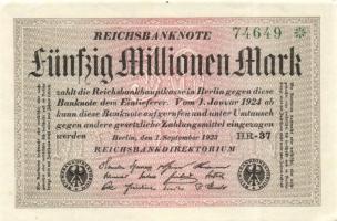 Német Birodalom / Weimari Köztársaság 1923. 50.000.000M (2x) variáns fehér papíron, "Hakenstern...