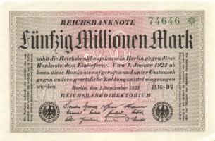 Német Birodalom / Weimari Köztársaság 1923. 50.000.000M (2x) variáns fehér papíron, Hakensterne vízjellel; ötjegyű, egymás utáni sorszámokkal T:I-