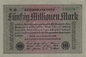 Német Birodalom / Weimari Köztársaság 1923. 50.000.000M (3x) variánsok szürke papíron, hatjegyű sorszámokkal, zöld ill. fekete cégjelzésekkel T:I,I-