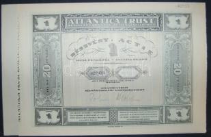 1928. "Atlantica Trust Részvénytársaság" részvénye 20P-ről, német és magyar nyelven