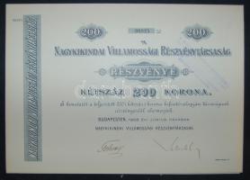 1908. "Nagykikindai Villamossági Részvénytársaság" részvénye 200K-ról, szelvényekkel