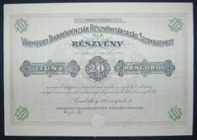 1927. "Vármegyei Takarékpénztár Részvénytársaság, Szombathely" részvénye 20P-ről, szelvényekkel