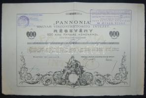 1911. "Pannonia Magyar Viszontbiztosító Intézet" részvénye 600K-ról