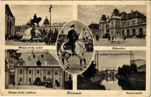 Kolozsvár, Cluj; Horthy Miklós, Mátyás király szobra és szülőháza, vasútállomás, Szamos / Horthy, monument and birth house of Matthias Corvinus, railway station, Somes river (EK)