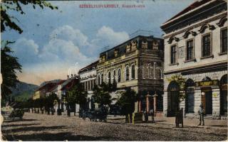 1940 Székelyudvarhely, Odorheiu Secuiesc; Kossuth utca, Dohány nagytőzsde üzlete, Budapest szálloda. Csutak Mária kiadása / street, hotel, tobacco shop + &quot;1940 Székelyudvarhely visszatért&quot; So. Stpl (fl)