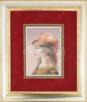 Hollóházi Szász Endre festményével díszített porcelán kép, 14x18 cm. Matricás, jelzett, keretben 41x35 cm