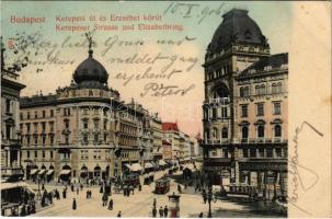 1906 Budapest VIII. Rákóczi út és Erzsébet körút (Blaha Lujza tér), Kartschmaroff A. féle drogéria (gyógyszertár), üzletek, Takarékpénztár, Zálogkölcsön Intézet, villamos. Taussig A. 5214. (EK)