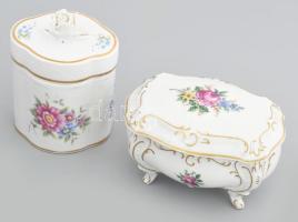 Német virágmintás bonbonier, négy lábon. Jelzett, hibátlan, 13x9x8 cm + Hollóházi bonbonier m: 12 cm