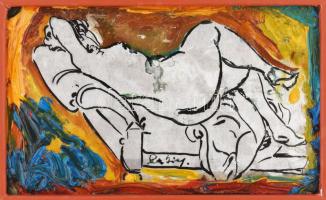 Rubint Ávrahám Péter (1959-): Fekvő női akt. Vegyes technika, karton, jelezve középen lent. Dekoratí...