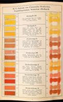 cca 1936-1948 Die Direktfarbstoffe der N.V. Fabriek van Chemische Producten Vondelingenplaat Schiedam (Holland) / Holland vegyipari és festékgyár mintakatalógusa, színmintákkal (ruha- és textilfestékek), egészvászon-kötésben, helyenként kissé foltos lapokkal, VIII+33 p.