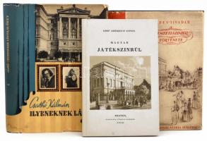 3 db színháztörténeti könyv: Rédey Tivadar: A Nemzeti Színház története. Az első félszázad. Bp., 1937, Kir. M. Egyetemi Nyomda. Kiadói aranyozott egészvászon-kötés, kissé viseltes kiadói papír védőborítóban. + Csathó Kálmán: Ilyeneknek láttam őket. Régi Nemzeti Színházi arcképalbum. Bp., 1957, Magvető. Kiadói félvászon-kötés, kissé foltos, sérült kiadói papír védőborítóban. + Gróf Széchenyi István: Magyar játékszinrül. Bp., 1984, ÁKV. Reprint kiadás. Kiadói egészvászon-kötés.