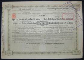 1876. "Győr-sopron-ebenfurti vasút" részvénye 200Ft-ról ezüstben, német és magyar nyelven, szelvényekkel