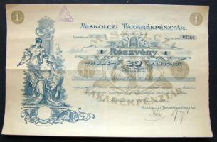 1926. "Miskolczi Takarékpénztár" részvénye 20P-ről, szelvényekkel