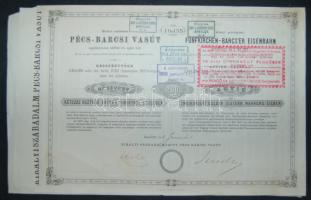 1868. "Pécs-Barcsi Vasút" részvénye 200Ft-ról ezüstben, német és magyar nyelven, szelvényekkel