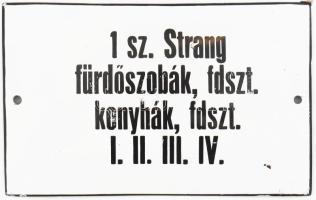 Zománcozott tábla, felirata: 1 sz. Strang fürdőszobák, fdszt. konyhák, fdszt. I. II. III. IV. Kopással, 10x16 cm