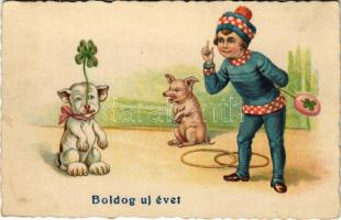 1933 Boldog Újévet! / New Year greeting art postcard with pig and dog (fl)