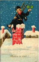 1937 Boldog Újévet! / New Year greeting art postcard with chimney sweeper and clovers (fl)