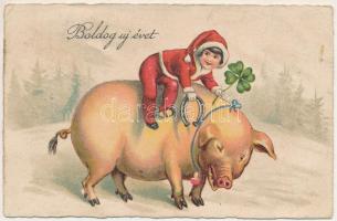 1927 Boldog Újévet! / New Year greeting art postcard with pig (ázott / wet damage)