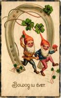 1930 Boldog Újévet! / New Year greeting art postcard with dwarves, clovers, mushroom and horseshoe (fa)