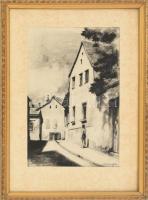 Gádor Emil (1911-1998): Utcarészlet, 1954. Ceruza, papír, jelezve jobbra lent. Dekoratív, üvegezett, fakeretben. 29,5x21 cm.