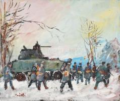 Bánfi jelzéssel: Katonák és tank télen. Olaj, karton. 25x30 cm