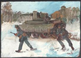 Bánfi jelzéssel: Tank és két katona. Olaj, karton. 21x29 cm