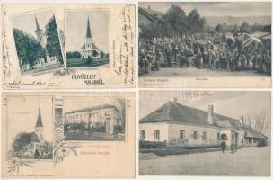 Piski, Simeria; - 4 db régi képeslap (templomok, iskola, heti vásár, piac, 48-as csárda) / 4 pre-1945 postcards (churches, school, restaurant, market)