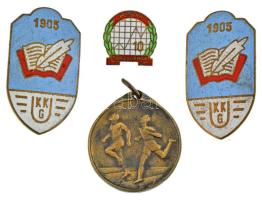 ~1930-1940. &quot;KKG 1905 (Könyves Kálmán Gimnázium)&quot; zománcozott sapkajelvény (42,5x24mm) + &quot;KSH Törzsgárda 10&quot; zománcozott bronz jelvény + bronz futó díjérem T:VF zománchiba